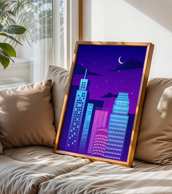 Vibrant city skyline at night with modern skyscrapers and starry sky