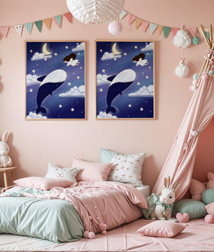 Whimsical night scene with flying angel and whale