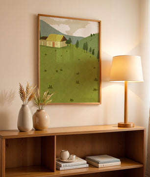 Charming countryside landscape with house and green hills