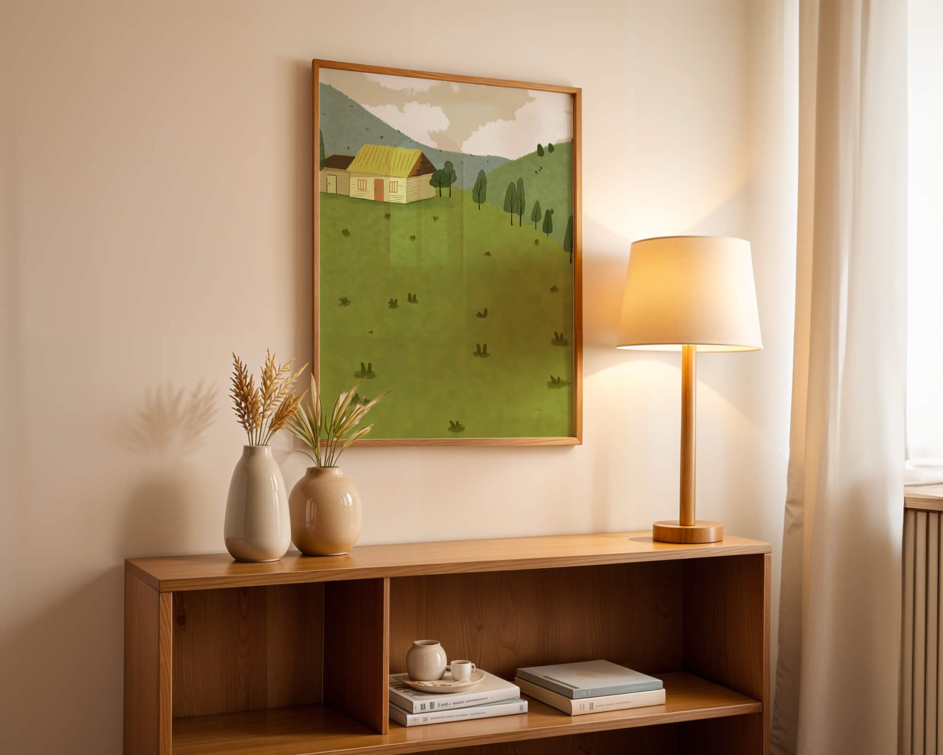 Charming countryside landscape with house and green hills