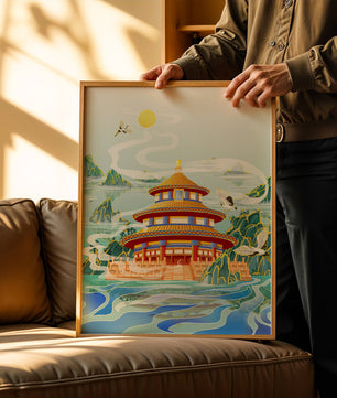 Alter chinesischer Pavillon am Wasser mit Kranichen und Bergen