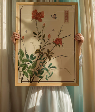 Delicate Floral Art with Red Flowers and Butterflies