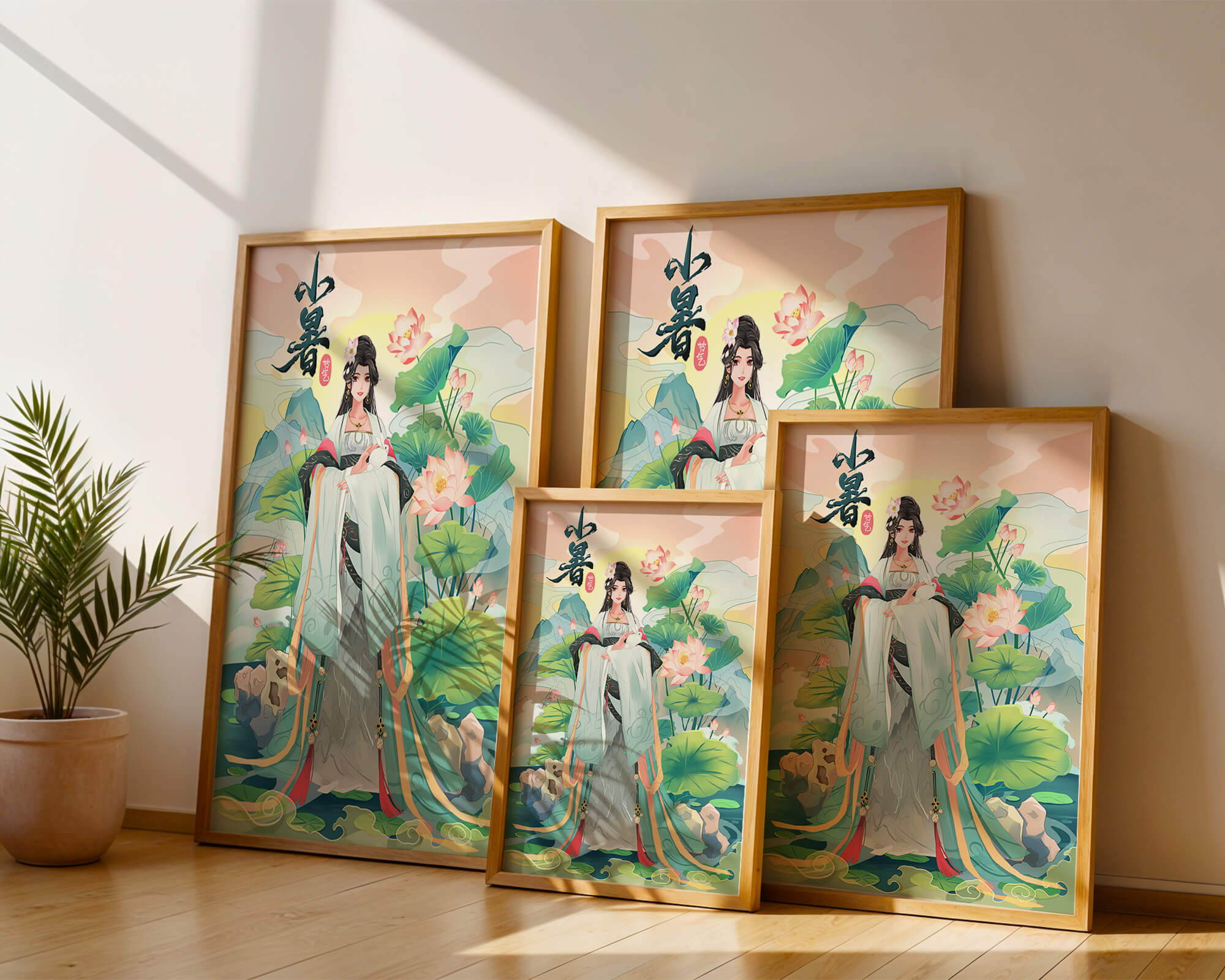 Elegant woman in traditional attire with lotus flowers and serene backdrop