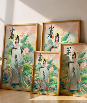 Elegant woman in traditional attire with lotus flowers and serene backdrop