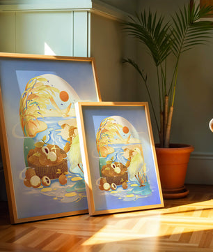 Serene landscape with a bird, fruit basket, and golden reeds under a bright sun