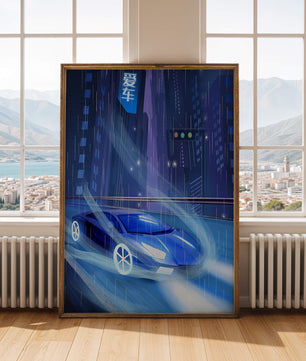 Futuristisches blaues Auto rast durch neonbeleuchtete, verregnete Stadtlandschaft