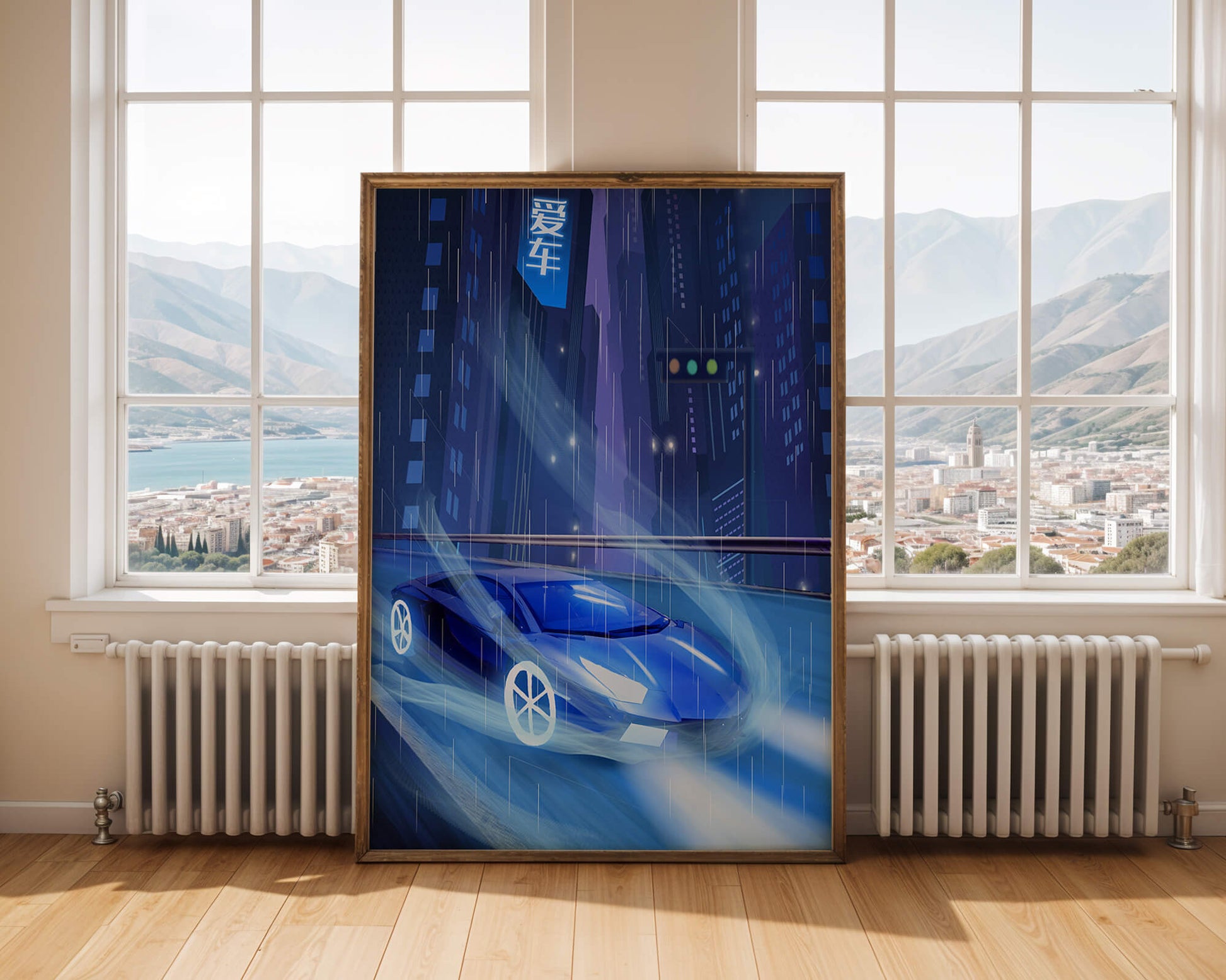 Futuristic blue car speeding through neon-lit rainy cityscape