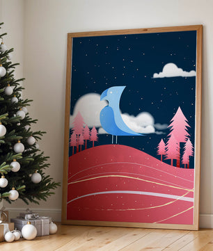 Colorful Night Scene with Blue Bird Under Starry Sky - Mi tienda