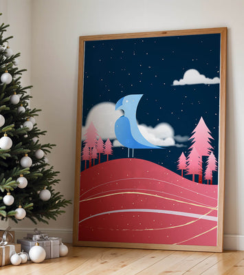 Colorful Night Scene with Blue Bird Under Starry Sky