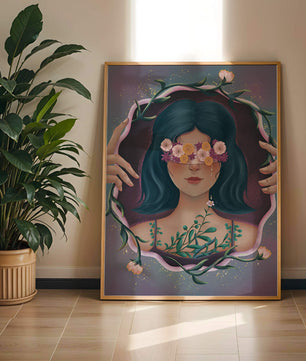Portrait enchanteur d'une femme aux yeux floraux et aux cheveux noirs