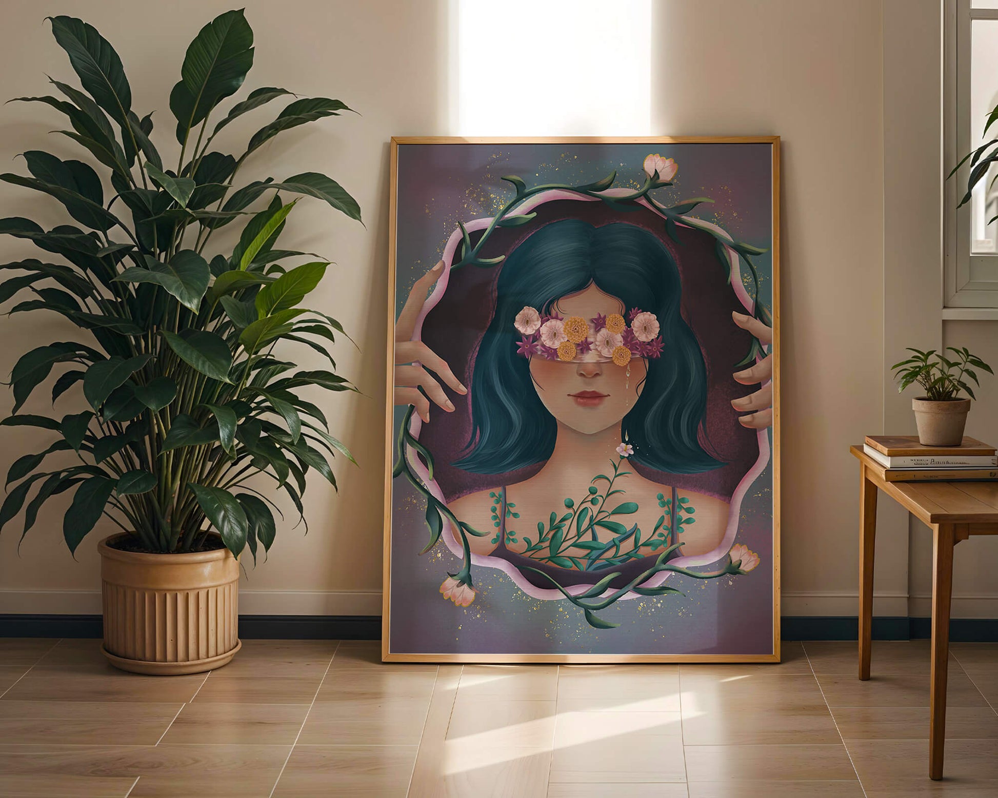 Retrato encantador de una mujer con ojos florales y cabello oscuro