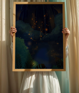 Enchanted night forest with glowing fireflies and dense foliage