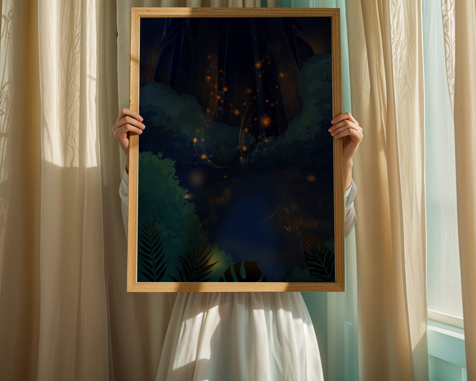 Enchanted night forest with glowing fireflies and dense foliage