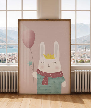 Ilustración adorable de un conejo con globo rosa y corona dorada