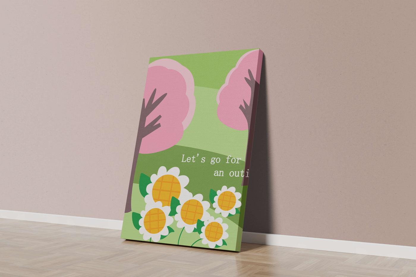 Charming spring landscape with pink trees and daisies