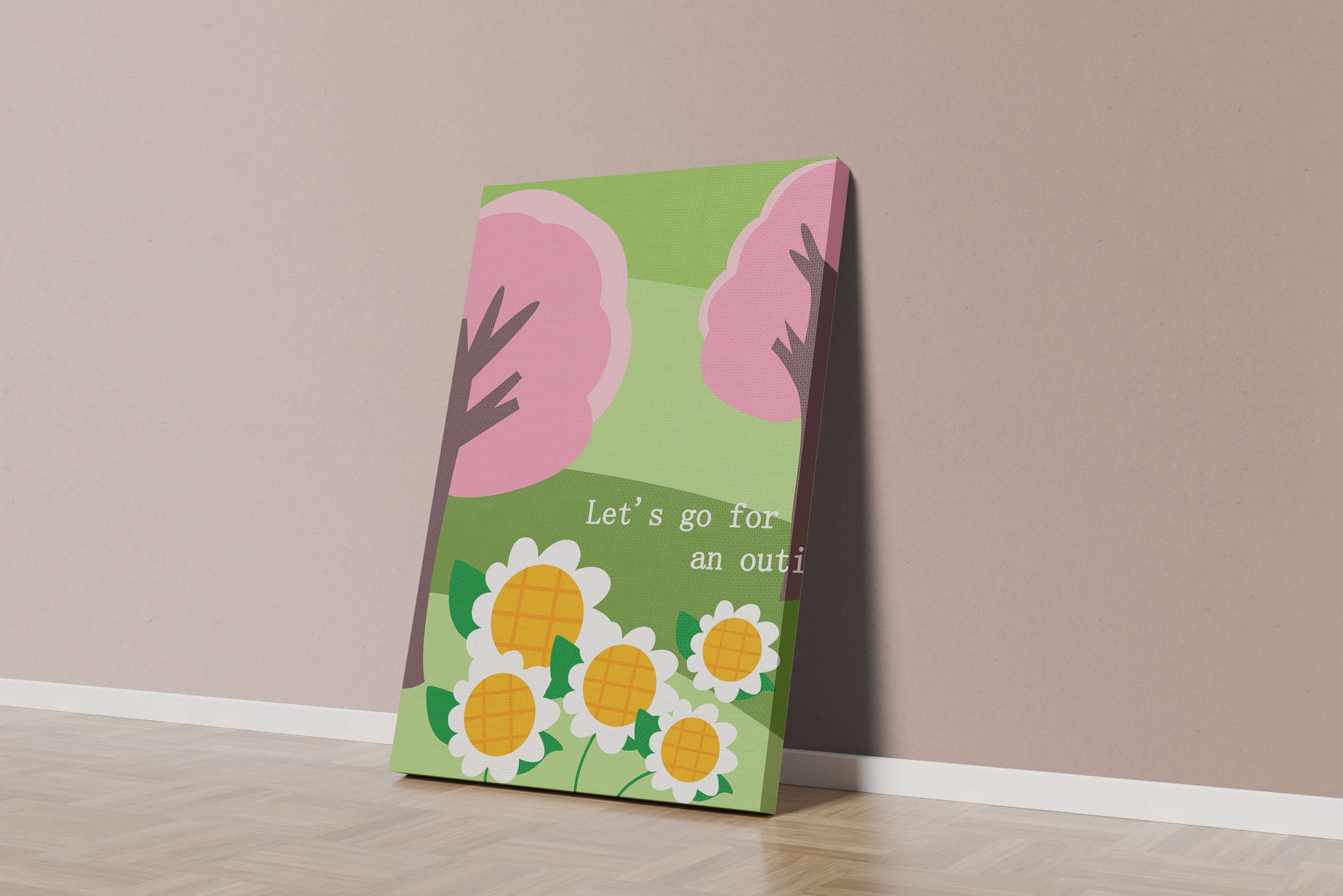 Charming spring landscape with pink trees and daisies
