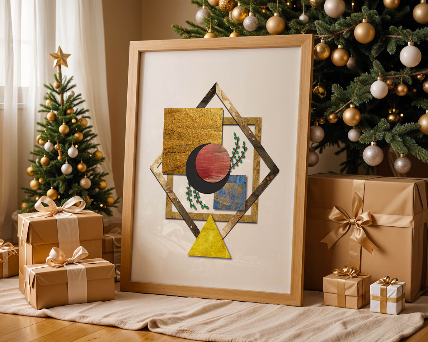 Modern geometric abstract art with vibrant colors and gold accents