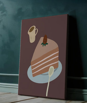 Ilustración de una porción de pastel con fresa y café