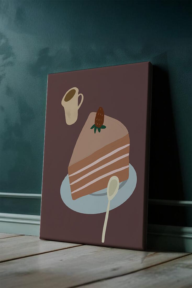 Illustration of a cake slice with strawberry and coffee