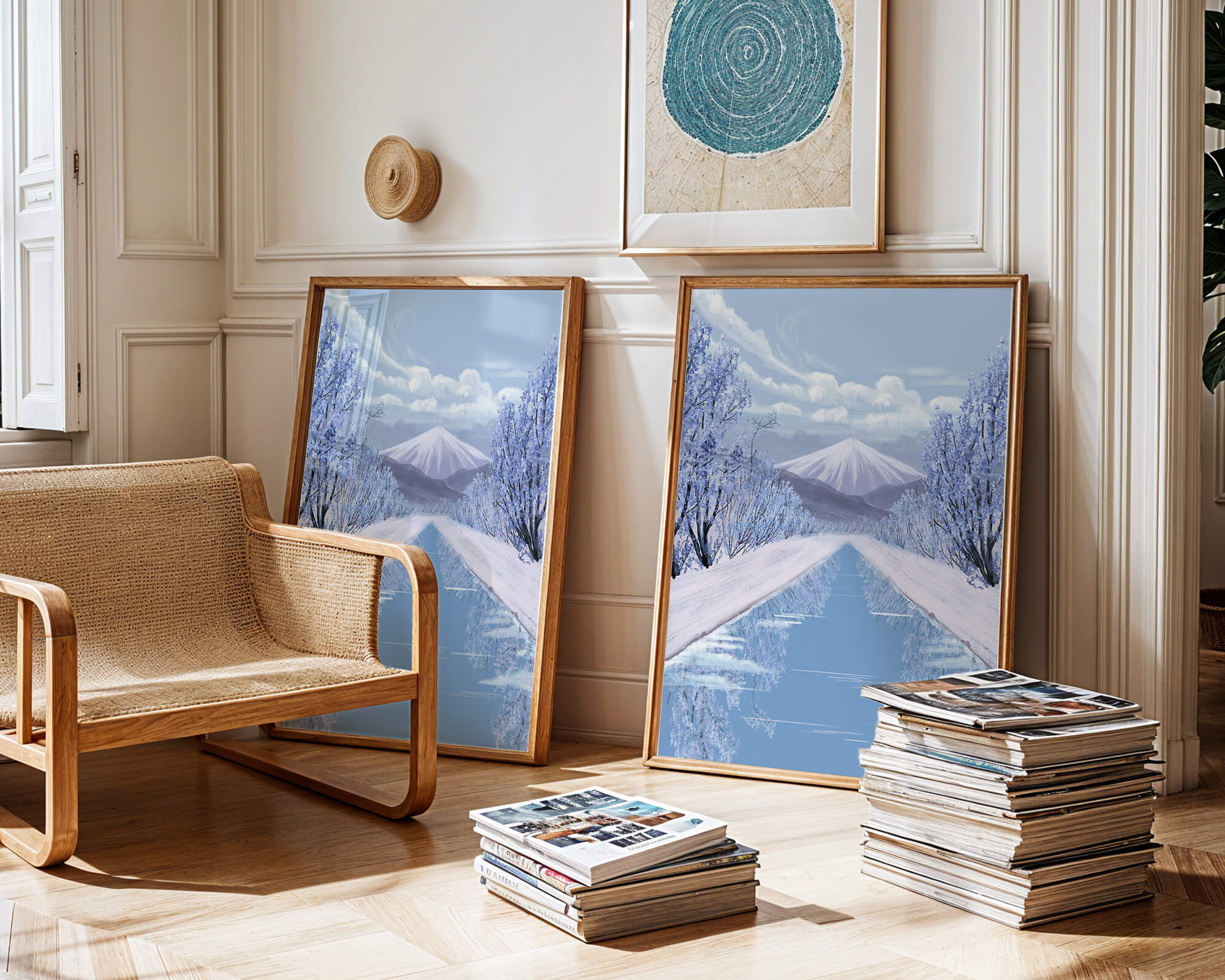 Serene winter landscape with mountain and snowy trees reflecting in water