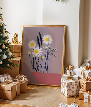 Illustrative floral artwork with daisies and abstract background