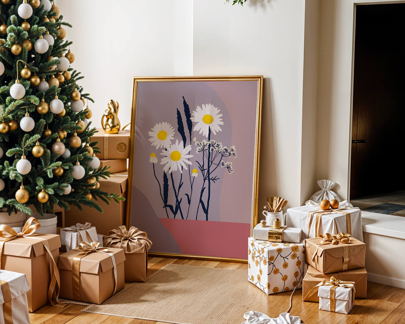 Illustrative floral artwork with daisies and abstract background