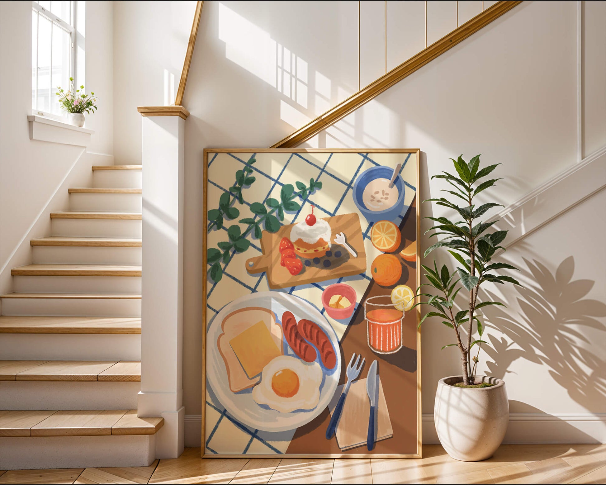 Escena de desayuno colorida con comida y bebida