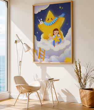 Enfant fantaisiste assis sur un nuage avec une étoile et un lapin dans le ciel nocturne