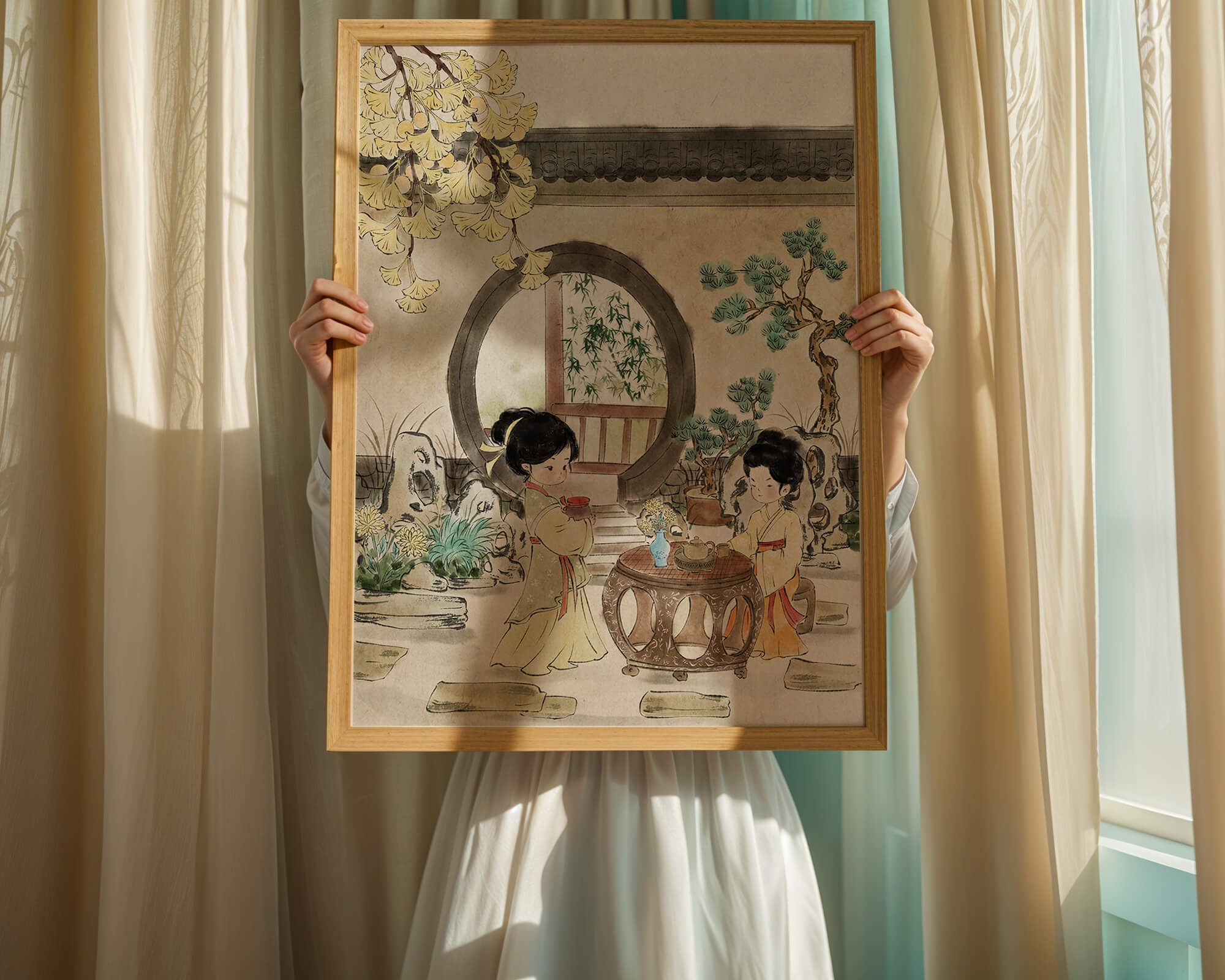 Serene traditional Chinese garden scene with women in elegant attire