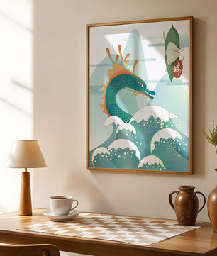 Illustration d’un dragon avec des vagues et des éléments traditionnels chinois