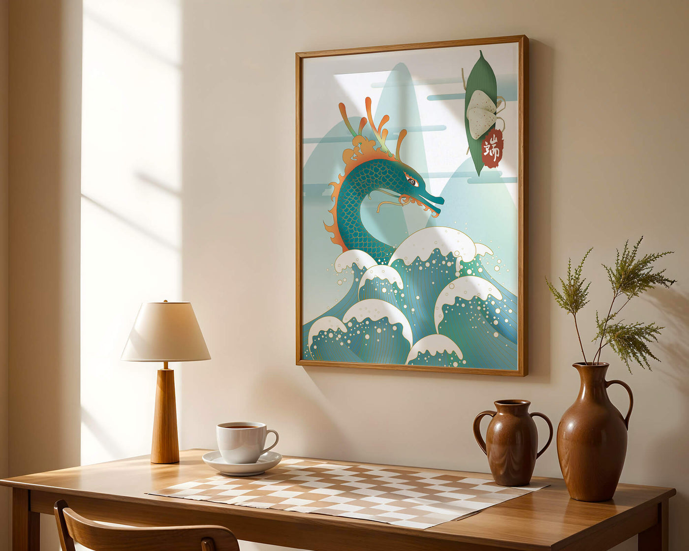 Illustration of a dragon with waves and traditional Chinese elements