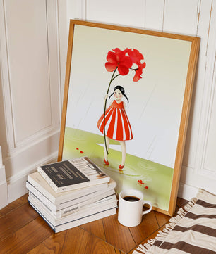 Young girl holding large red flower standing in puddle illustration