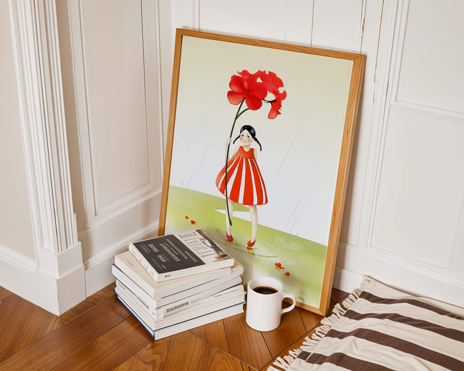 Young girl holding large red flower standing in puddle illustration
