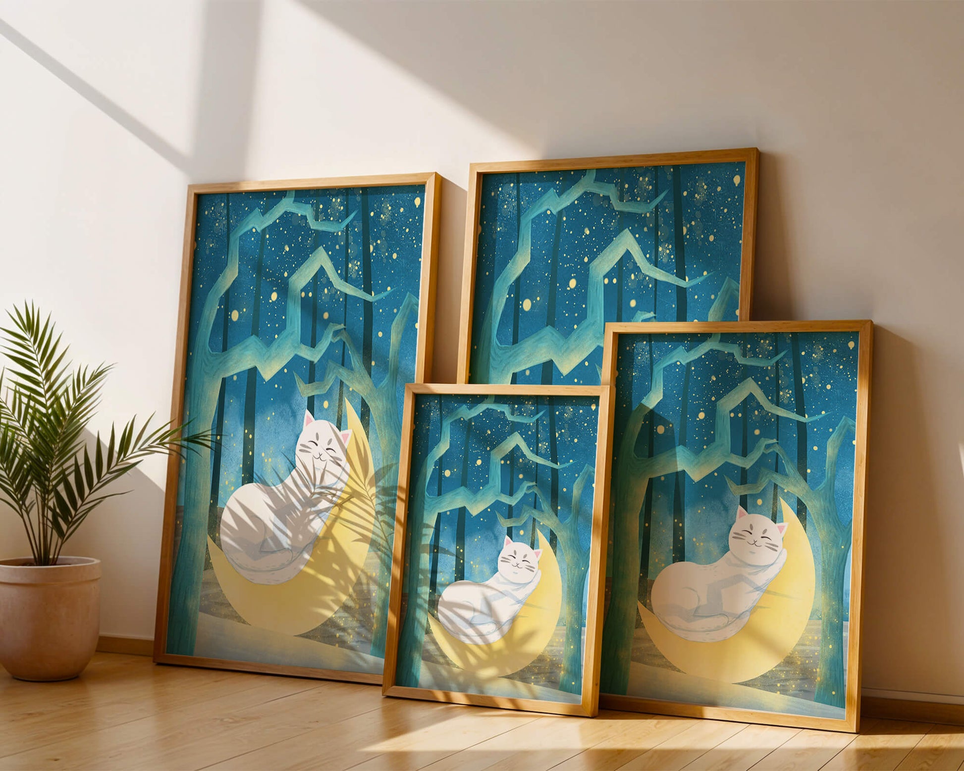 Cat sleeping on the moon in an enchanted forest under the starry sky