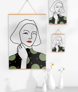 Modern Minimalist Portrait of a Winking Woman in Green Polka Dot Dress - Mi tienda