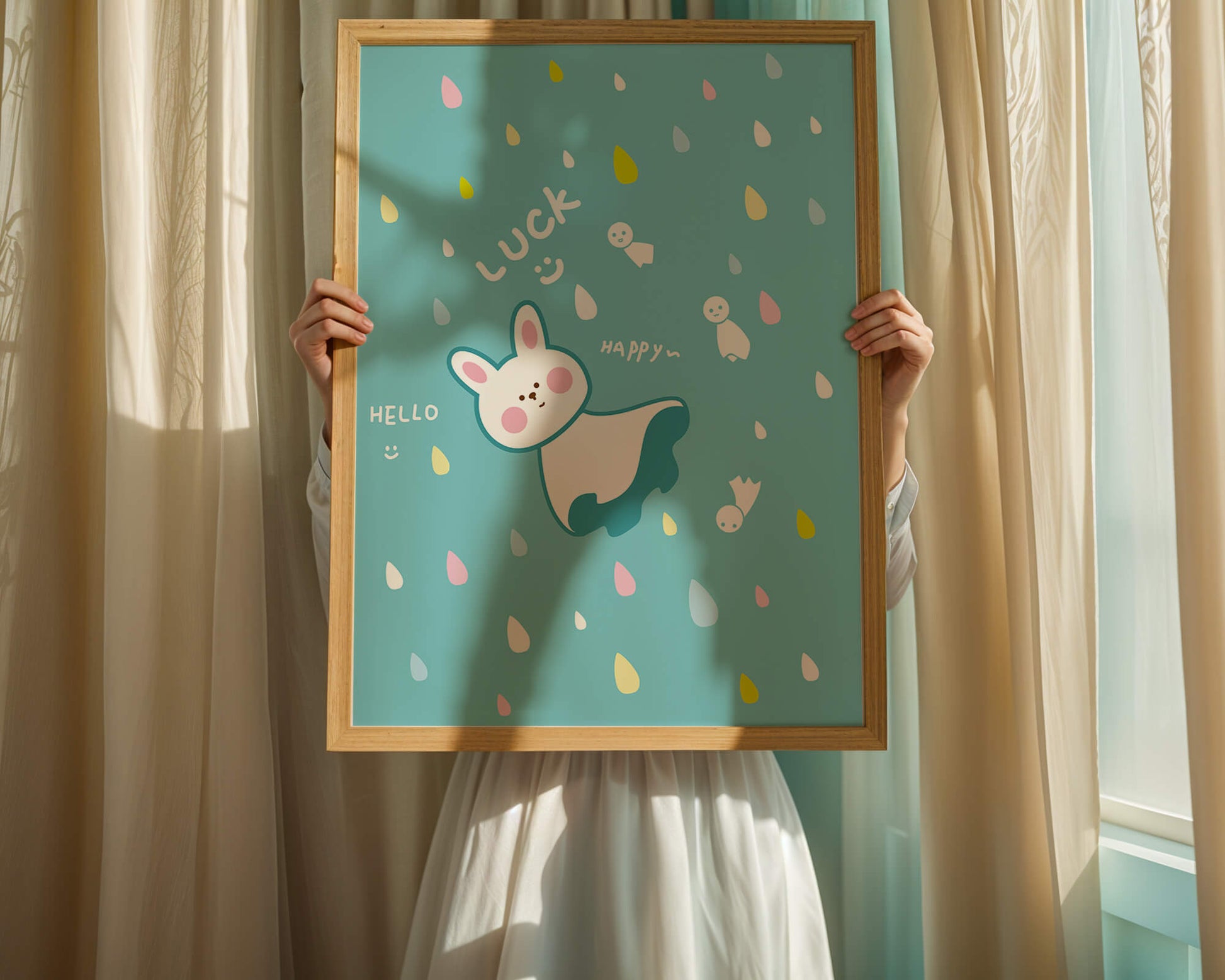 Adorable cartoon bunny with colorful drops on a blue background