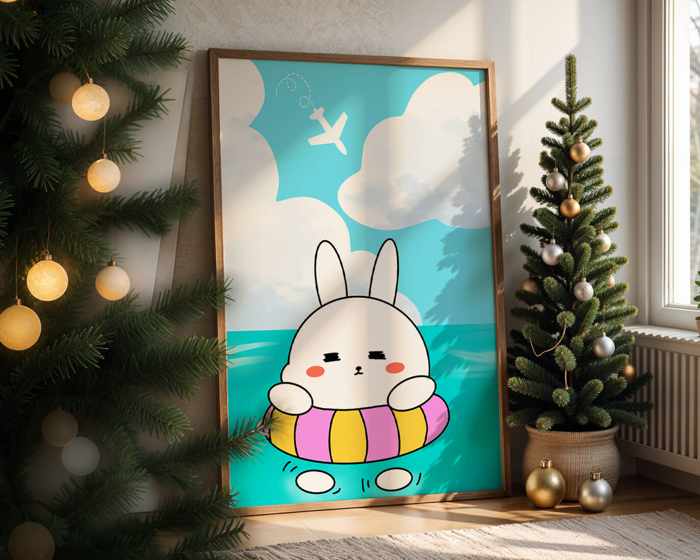 Illustration of a cute bunny floating on a colorful inflatable in a blue ocean under a bright sky with an airplane