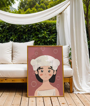 Illustration of a person in a towel with bubbles on a pink background