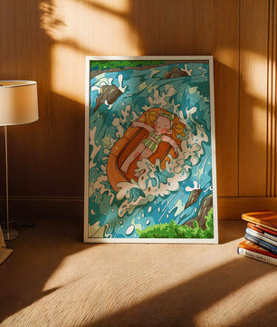 Adventurous raft ride down a vibrant cartoon river with character
