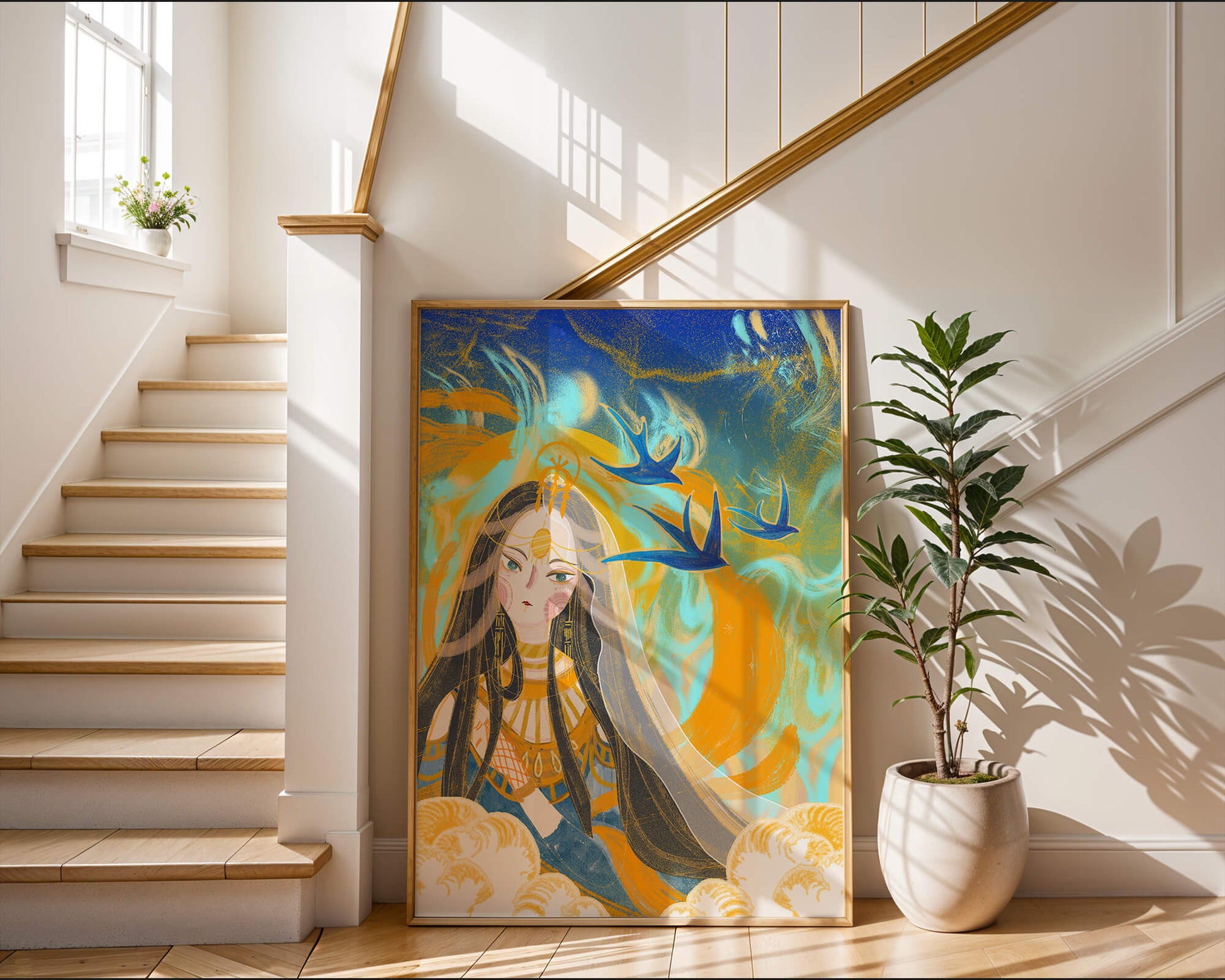 Majestic Goddess with Birds and Golden Elements in Mystical Setting