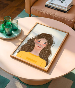 Illustrated portrait of a woman with long brown hair and expressive eyes