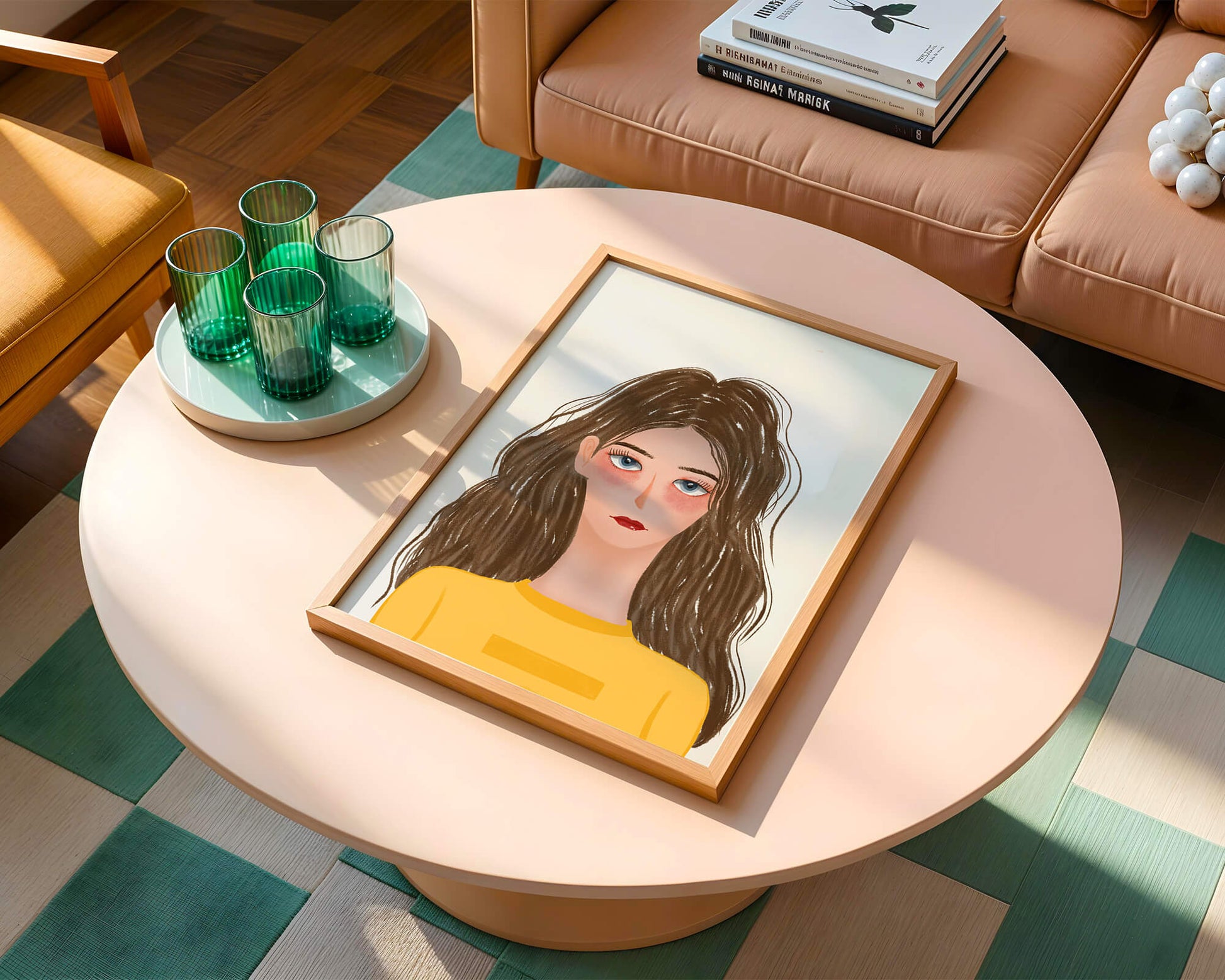 Illustrated portrait of a woman with long brown hair and expressive eyes