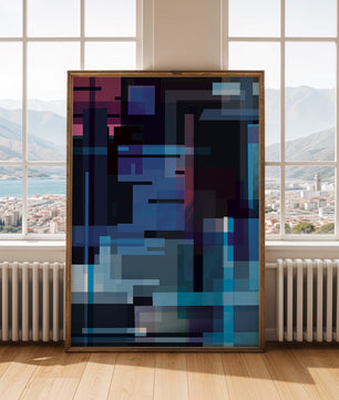 Arte digital geométrico abstracto con tonos azules y morados