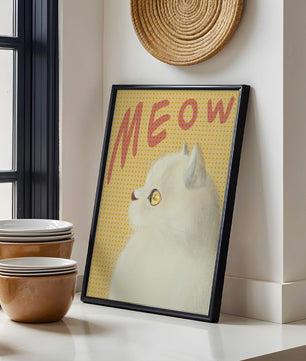 Profile View of a White Cat with Meow Text on Yellow Background