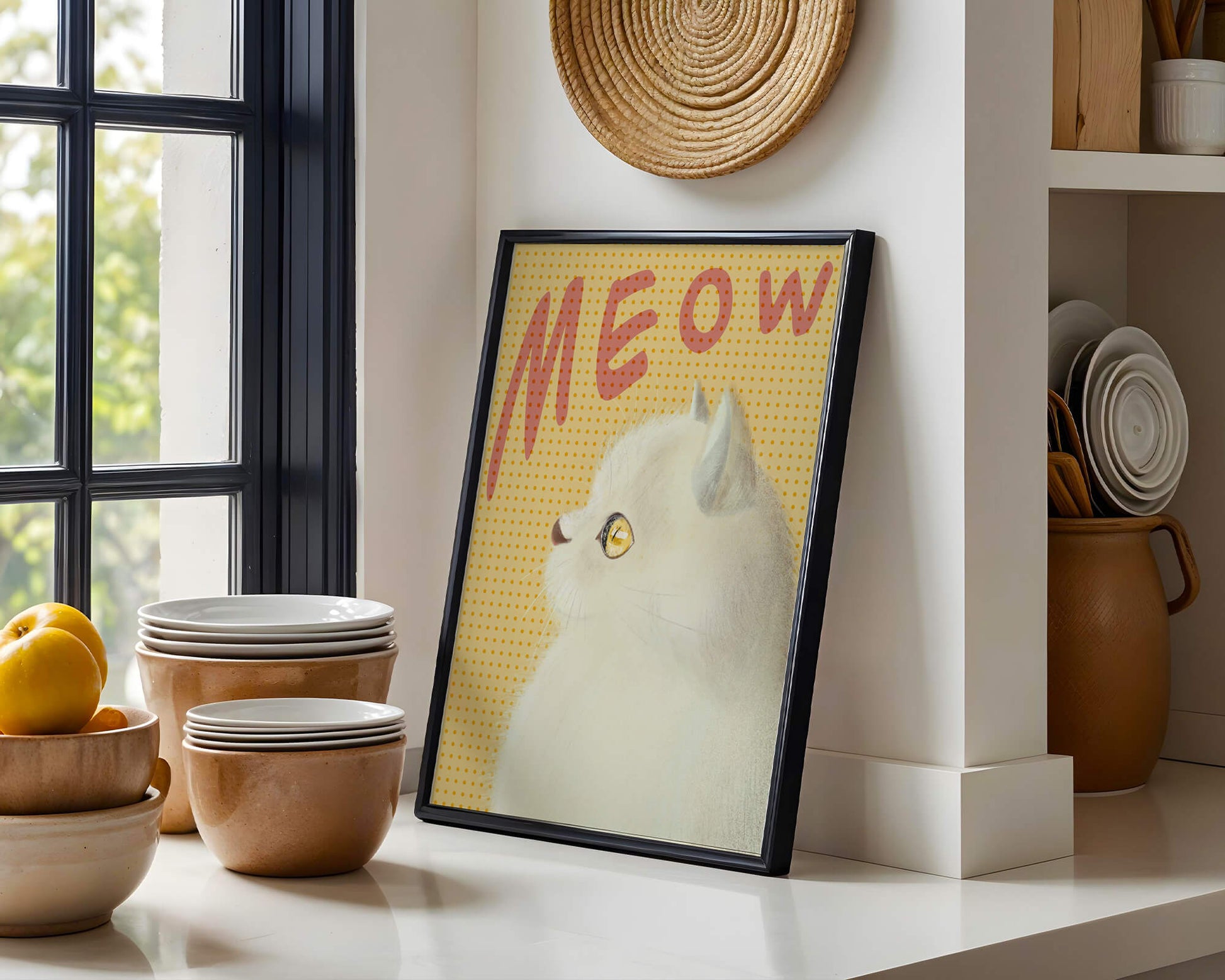 Profile View of a White Cat with Meow Text on Yellow Background