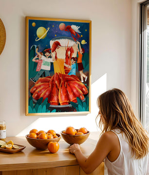 Ilustración de fantasía con langostas cósmicas y amigos disfrutando de un banquete de verano