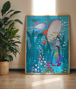 Underwater world illustration with whales and fish amidst seaweed