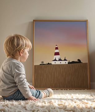 Lighthouse at Dusk with Colorful Sky and Field Landscape