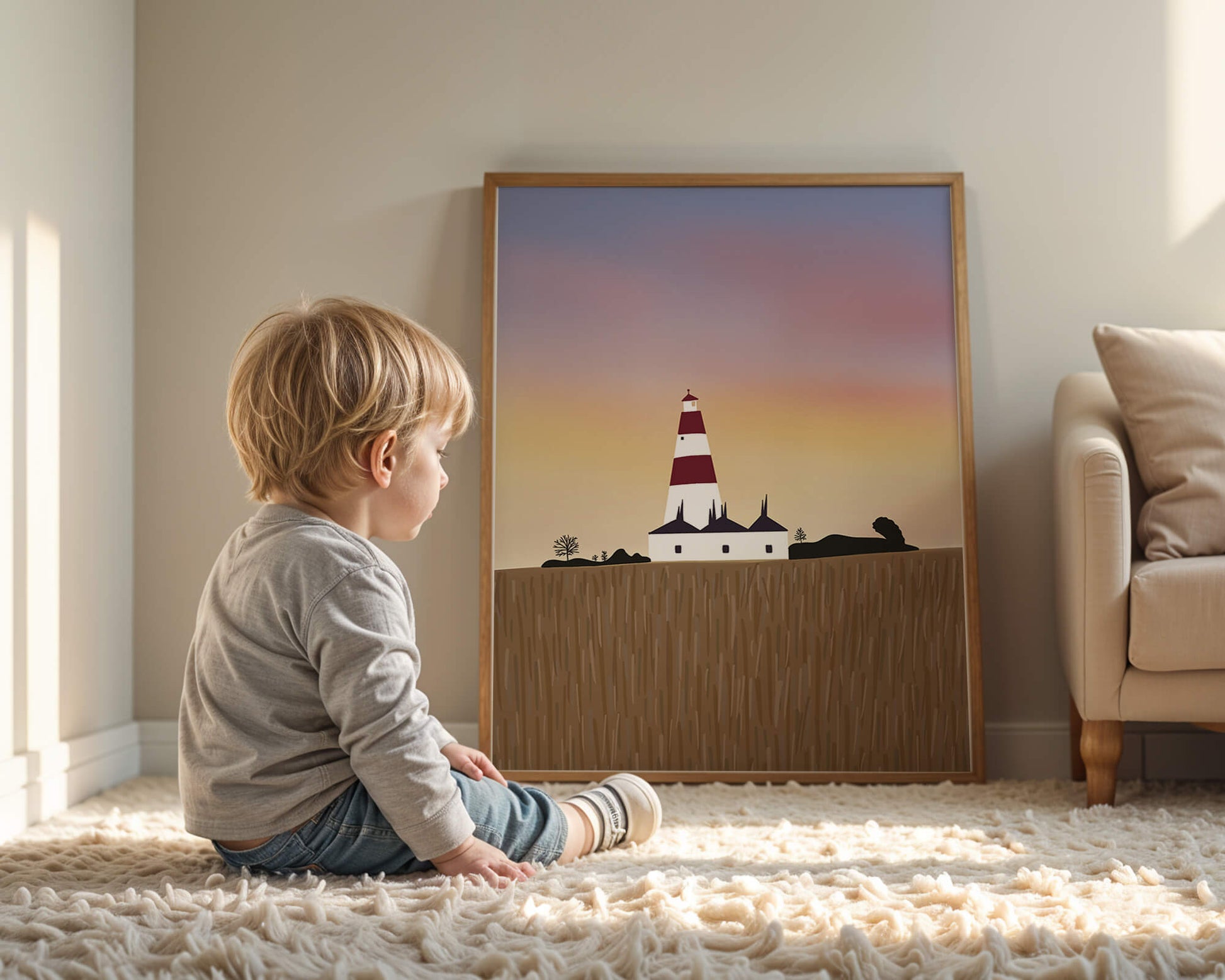 Lighthouse at Dusk with Colorful Sky and Field Landscape