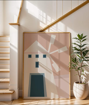 Minimalist geometric house illustration on pastel background